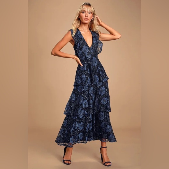 Lulus Molinetto Navy Blue Lace Ruffled Tiered Sleeveless Maxi Dress - Picture 1 of 3